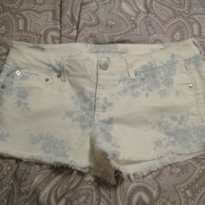 Blue and white floral shorts.